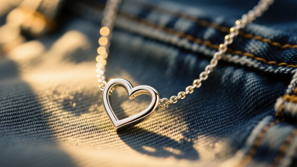 Close-up of a split-heart sterling silver friendship necklace on vintage denim, illuminated by warm golden-hour sunlight