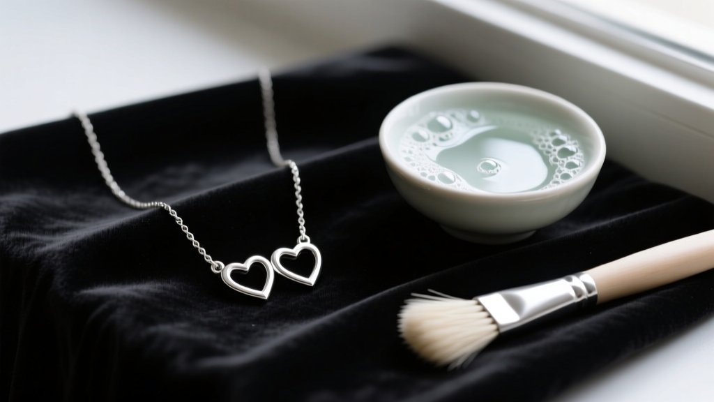 Sterling silver 2 heart necklace on a dark cloth beside a small bowl of soapy water and a soft brush in soft natural light