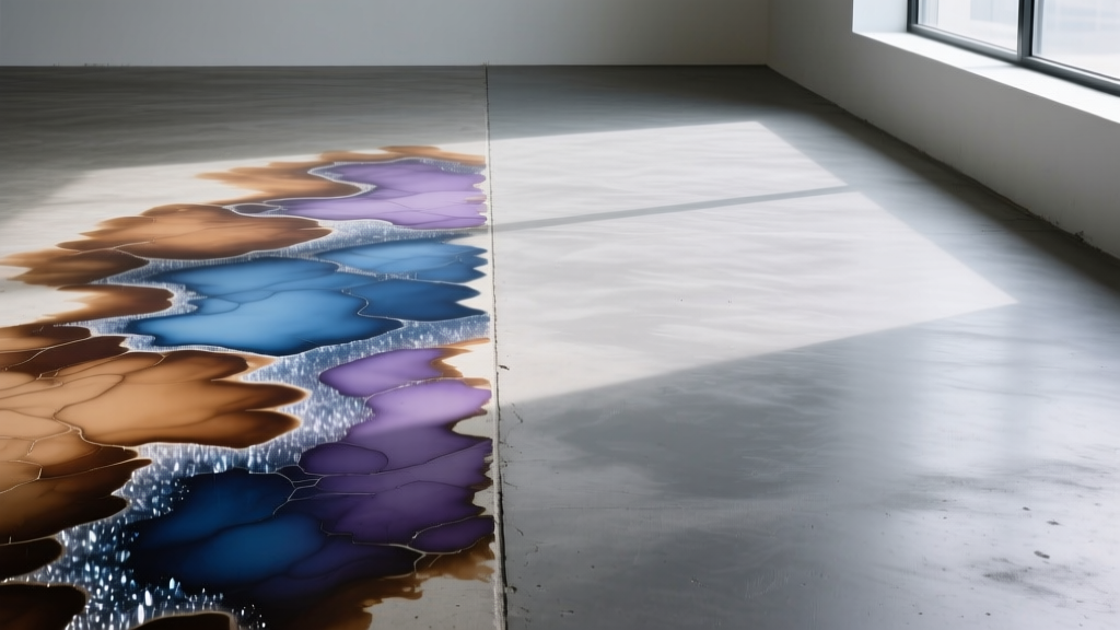 Split concrete floor showing variegated acid stain on left and uniform water-based stain on right, highlighting chemical color differences.