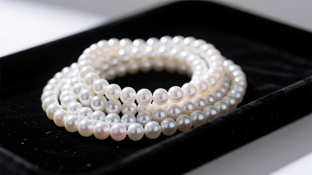 Tangled multi-strand freshwater pearl necklace on dark velvet tray, soft directional lighting highlighting the white nacre surface.