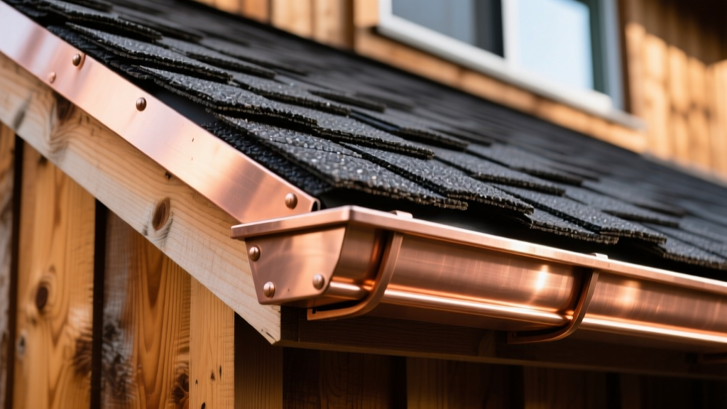 Close-up of 16-ounce copper step flashing woven into asphalt shingles against a cedar sidewall, featuring a crisp 90-degree bend