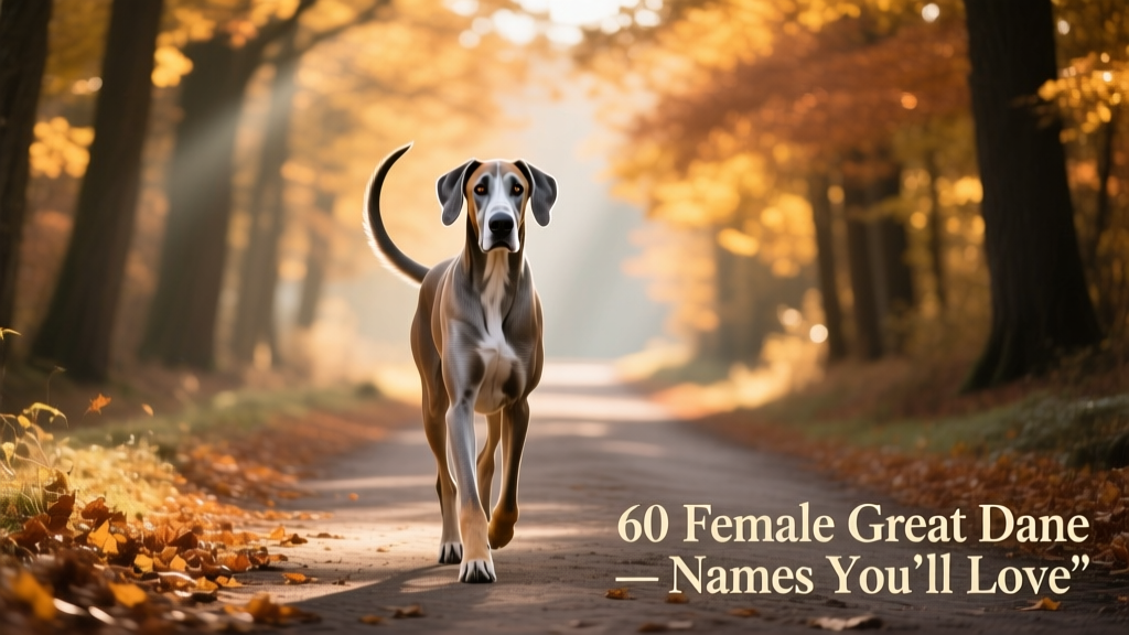 A playful yet stately female Great Dane mid-stride on a wide, open trail surrounded by golden autumn trees