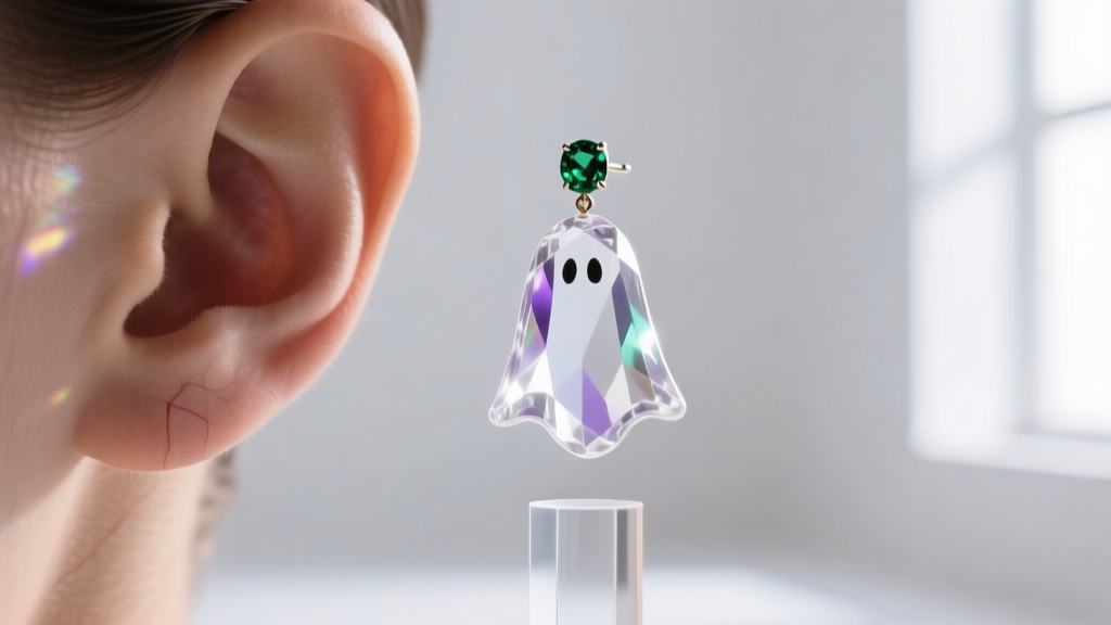 Close-up of a floating gem ghost earring on a clear post, soft light showing the invisible illusion effect on the earlobe.