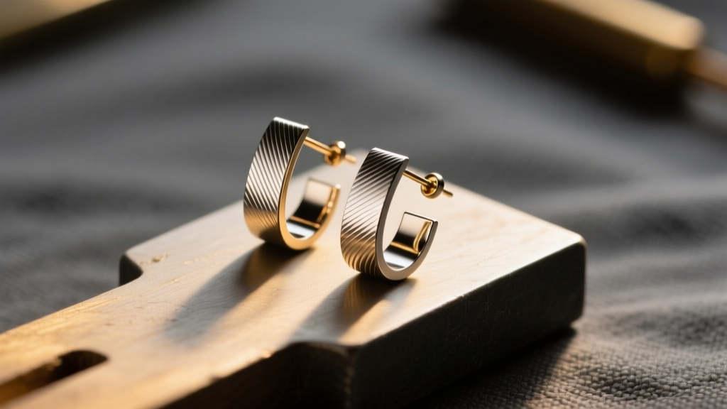 Niobium and Grade 23 titanium ear wires on a jeweler bench, lit by warm light to reveal metallic grain and surface texture.