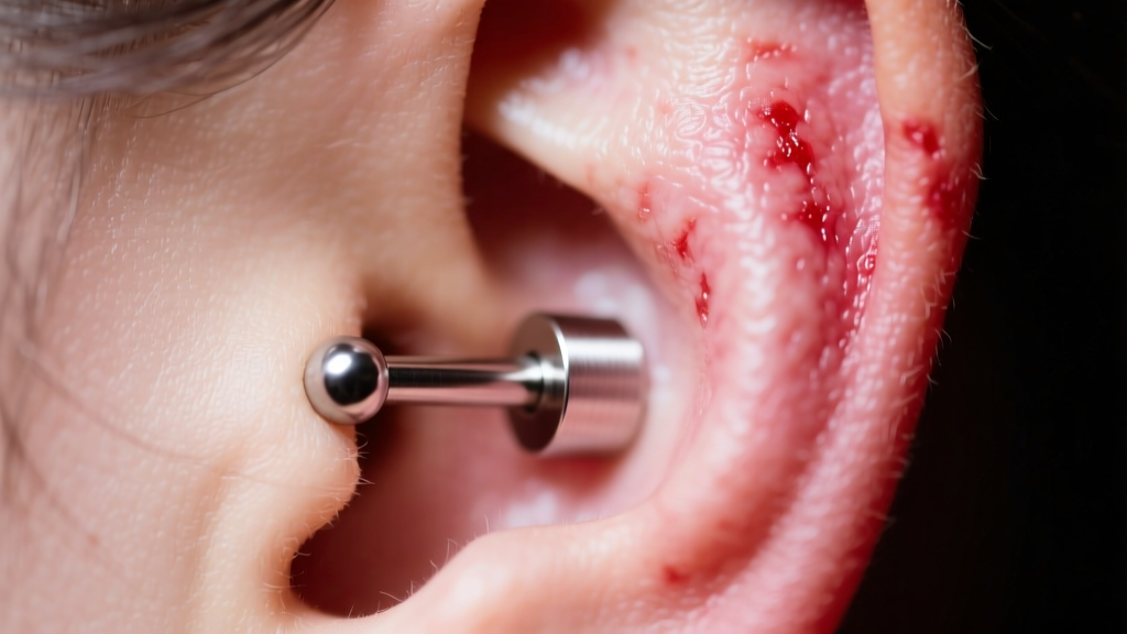 Macro view of an inflamed earlobe with a titanium labret stud, under clinical lighting showing mild skin irritation and swelling