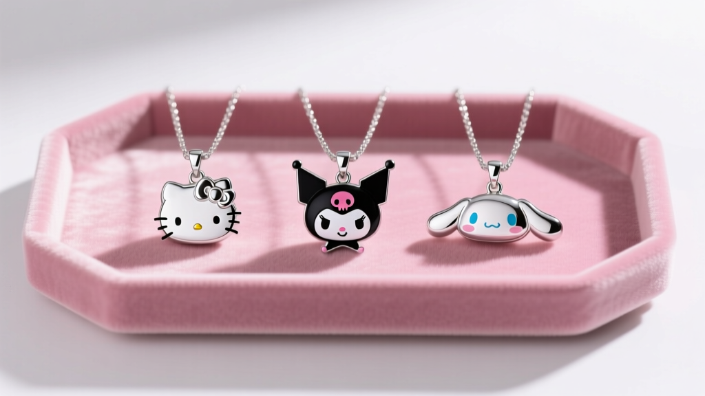 Silver Hello Kitty, Kuromi, and Cinnamoroll pendant necklaces displayed on a pink velvet tray under bright, soft studio lighting
