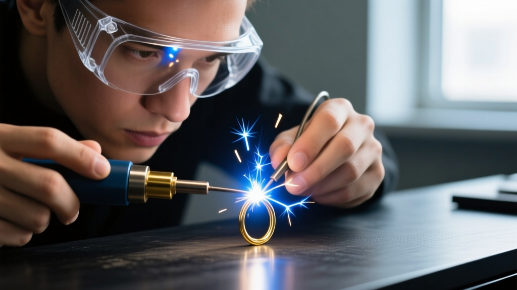 Close-up of hands in safety goggles using a micro welder to fuse a gold jump ring, bright blue spark illuminating the dark desk.