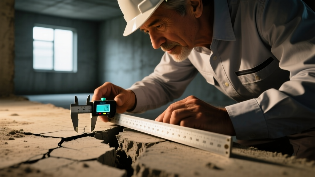 Close-up of a structural engineer using a digital crack width ruler to measure a jagged diagonal concrete foundation crack in a dimly lit basement