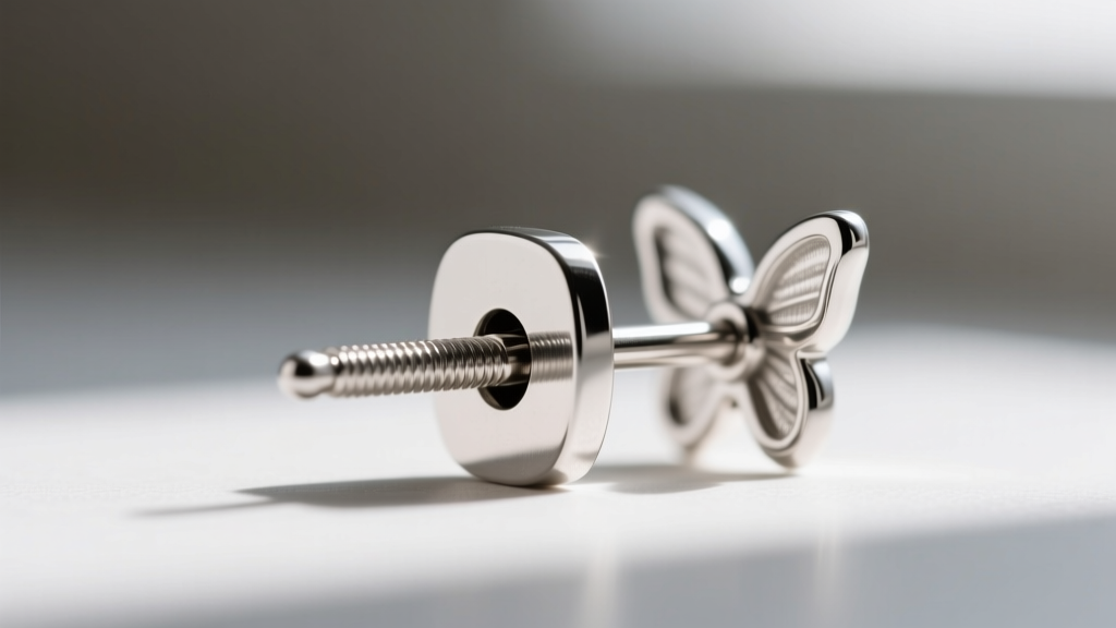 Macro shot of platinum earring post sliding into a butterfly friction back, showing the precision notch and metal tension