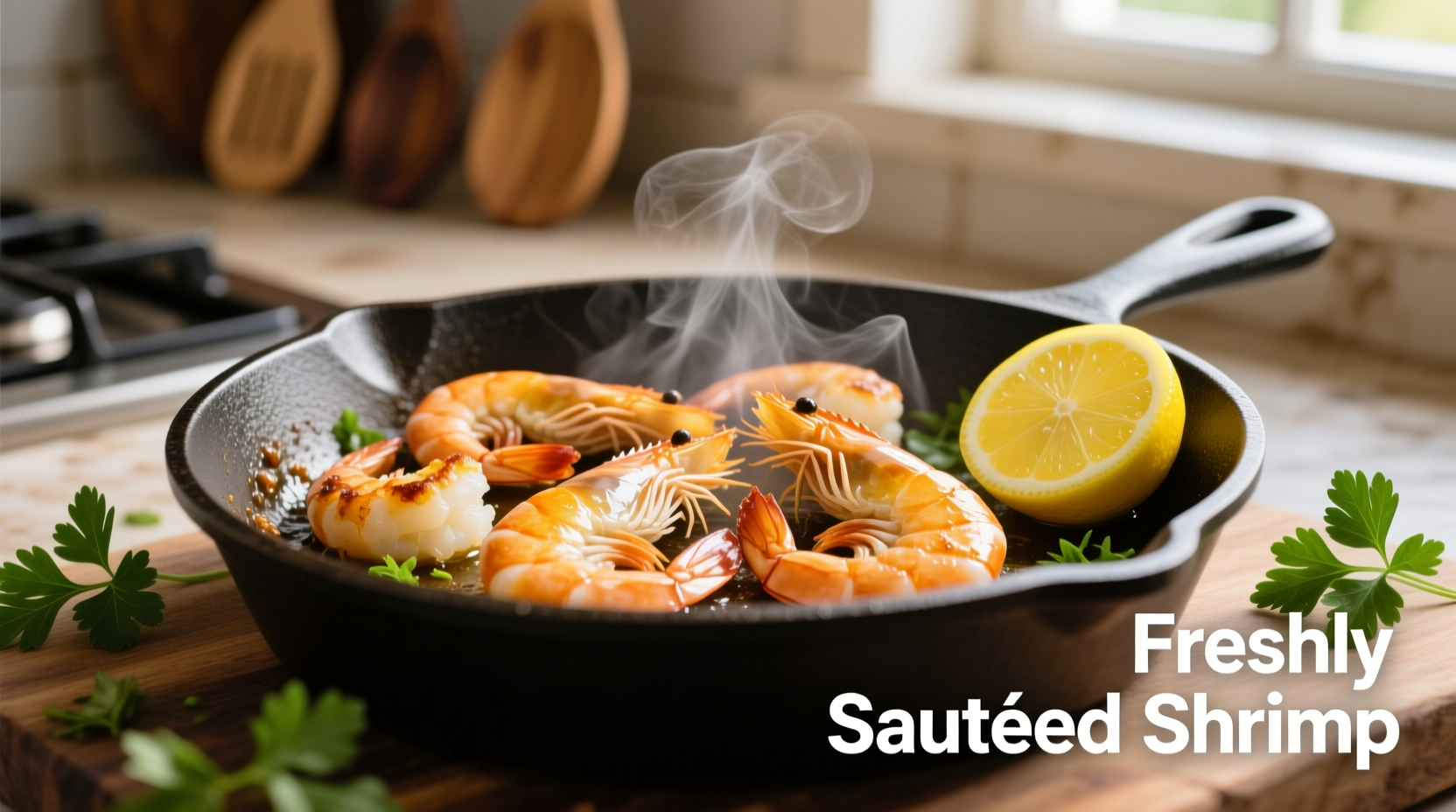 Perfectly cooked frozen shrimp in skillet with lemon garnish