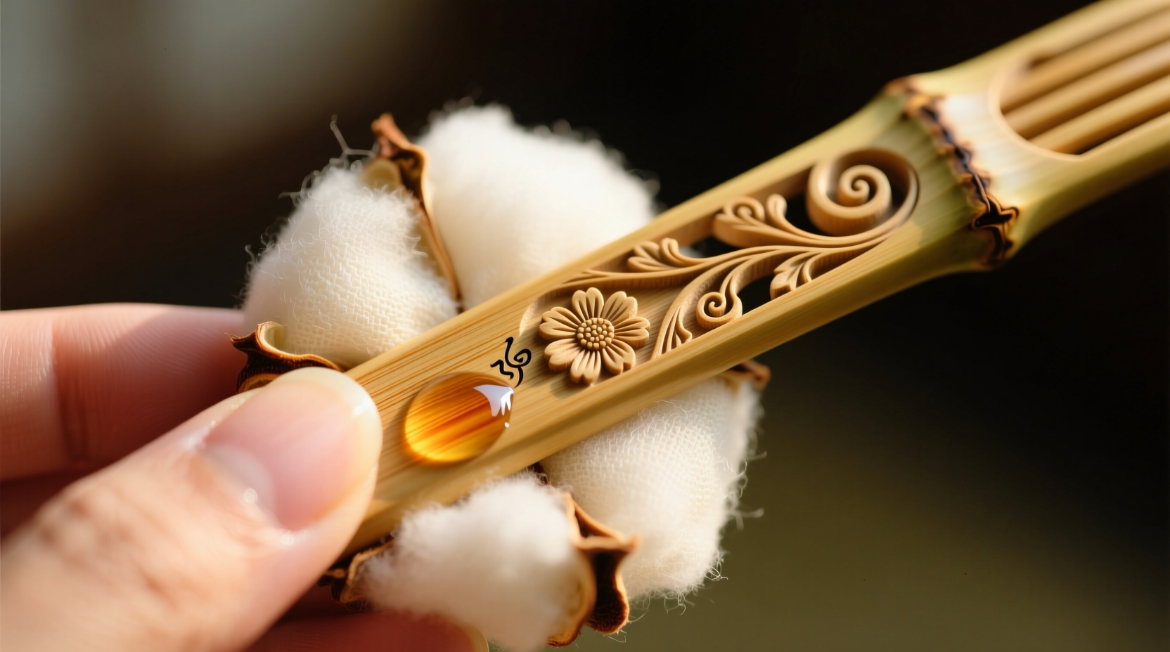 Close-up macro photograph showing a hand holding a soft cotton cloth gently dabbing chamomile-tea-dampened surface along the grain of an intricately carved bamboo hairpin, with visible fine detailing preserved and no water pooling in recesses