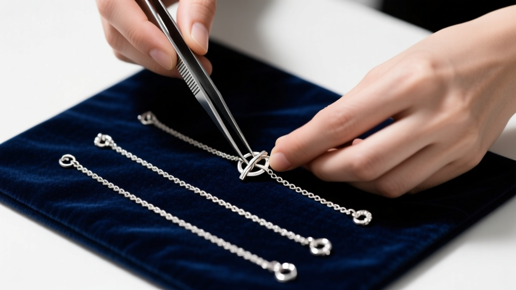 Jeweler using tweezers to attach an anti-tangle silver spacer clasp to three delicate sterling chains on a dark navy velvet pad.