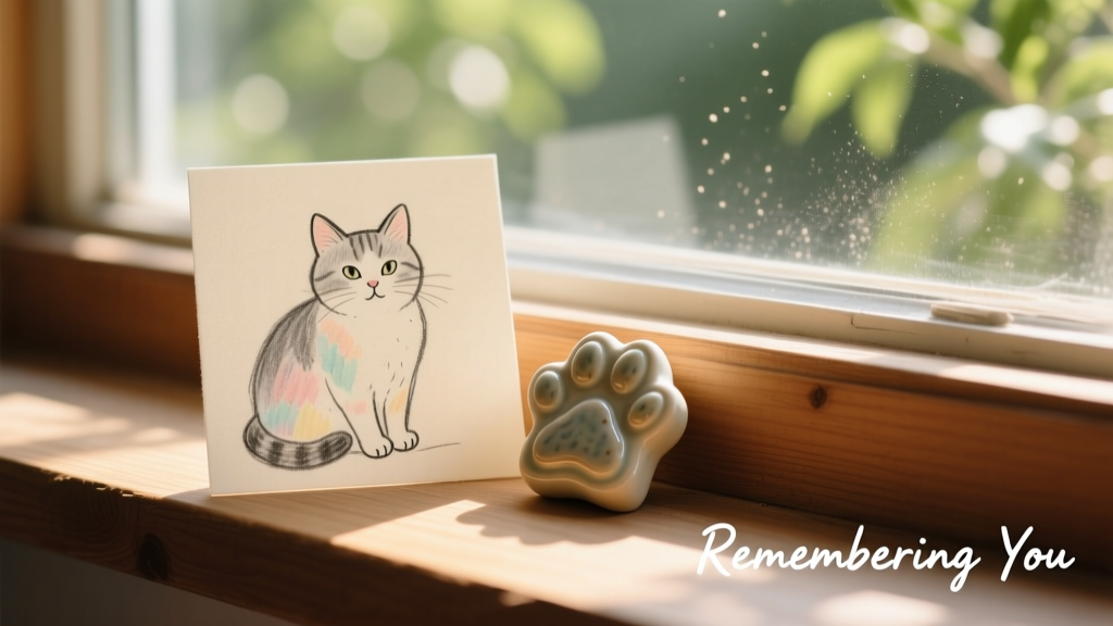 A hand-drawn memorial sketch of a cat next to a small ceramic paw print keepsake on a windowsill with soft light