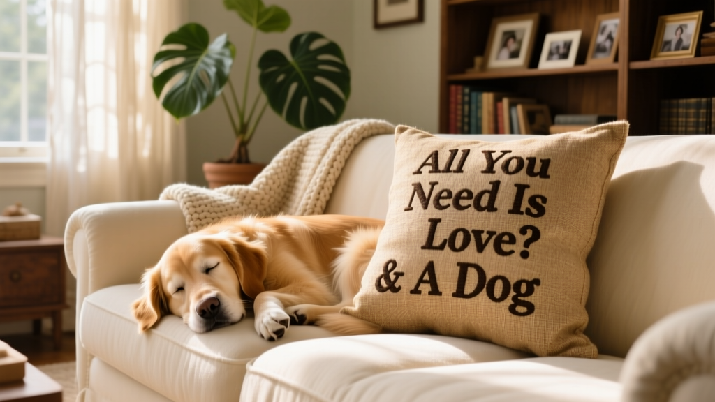 A cozy living room scene featuring a burlap pillow reading 'All You Need Is Love? & A Dog', a sleeping dog curled beside it on the sofa