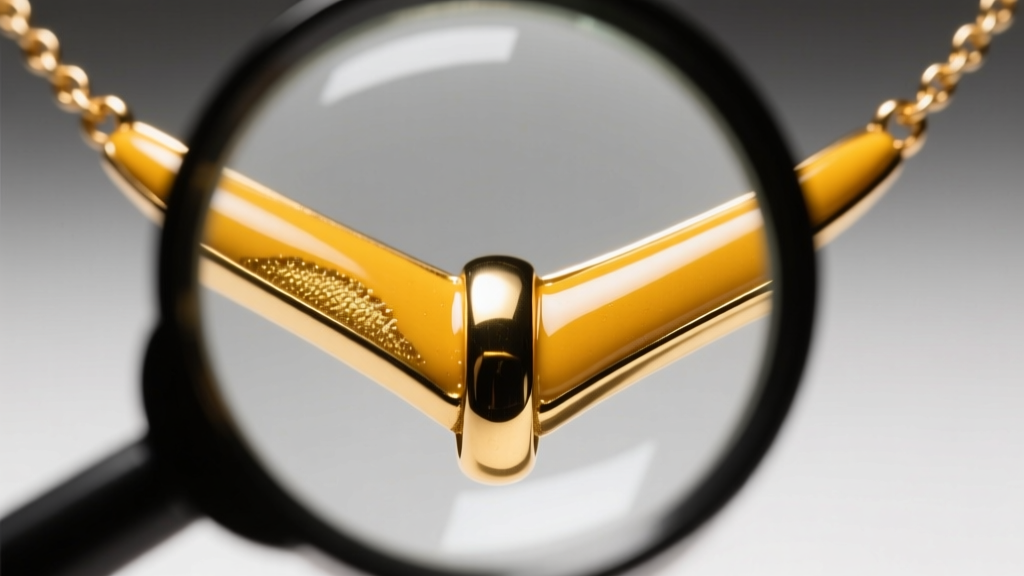Macro shot showing the seam where yellow epoxy enamel meets gold-plated brass on a necklace, viewed through a jeweler's loupe.