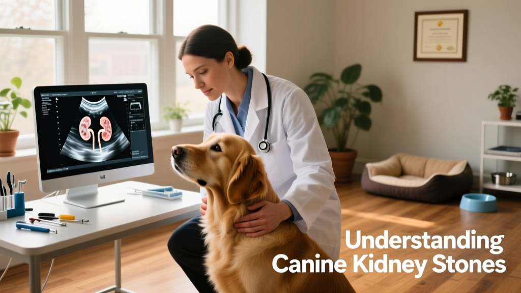 Veterinarian examining a dog while reviewing ultrasound images of the kidneys on a screen