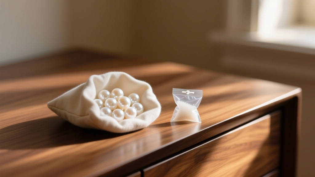 Soft cotton pouch holding white Akoya pearls next to a silica packet on a polished wooden dresser surface in warm light.