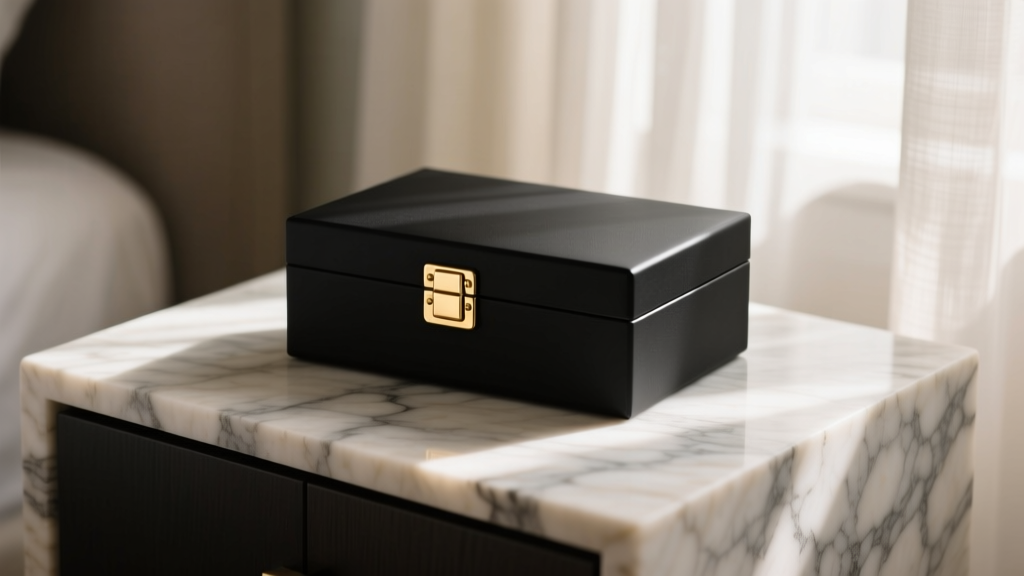 A matte black contemporary jewelry box with brushed brass hinges on a raw travertine nightstand in soft morning light.