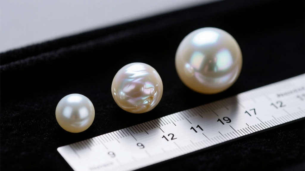 Macro shot of 9mm Akoya, 11mm Freshwater, and 14mm South Sea pearls beside a millimeter ruler for size comparison on black velvet.