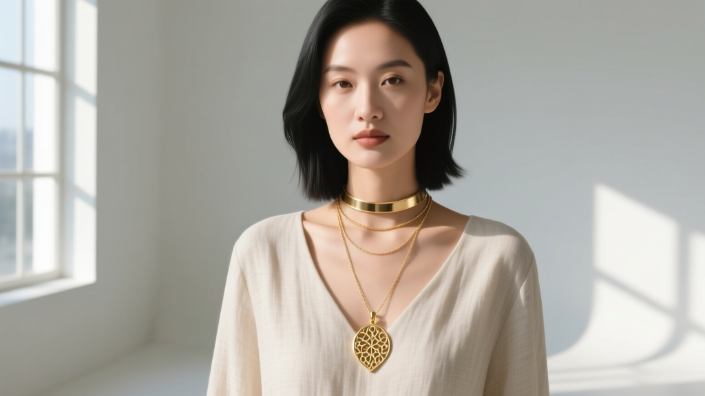Woman wearing a layered 16-inch choker and 18-inch gold vermeil pendant necklace against a neutral linen top in natural daylight.