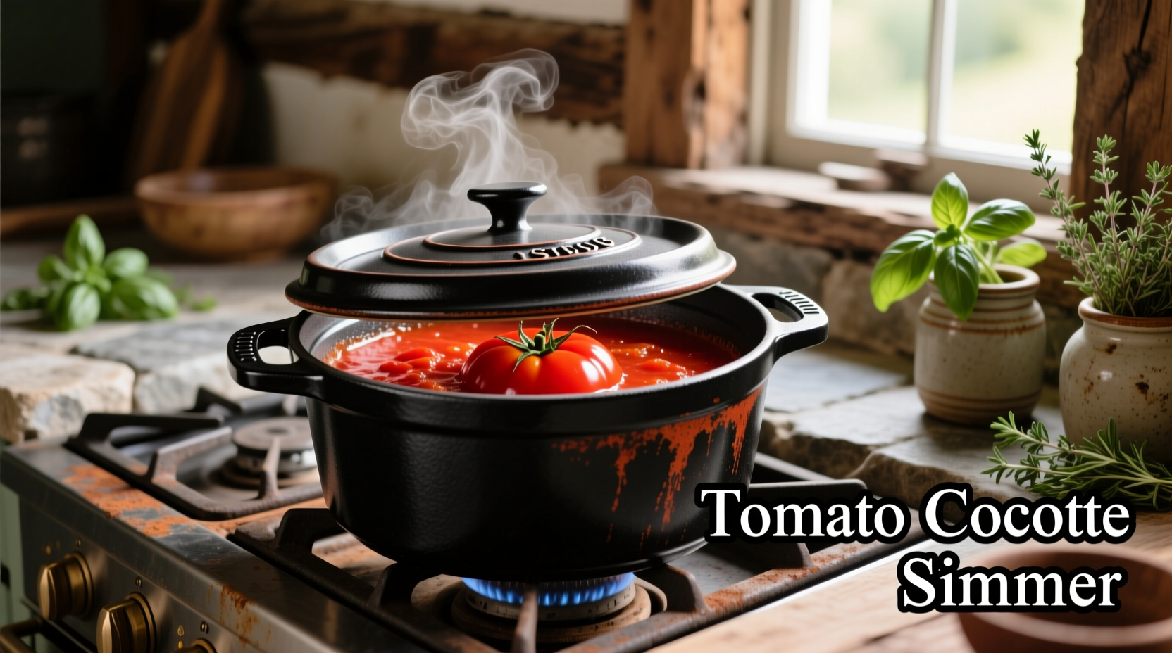 Staub tomato cocotte simmering rich red tomato sauce