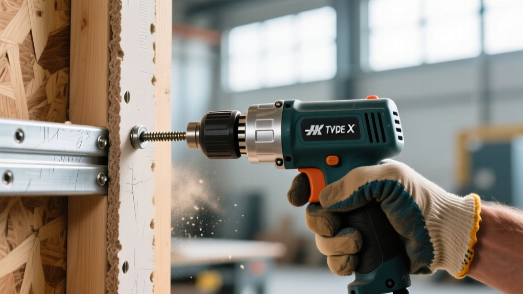 Close-up of a contractor installing half-inch Type X fire-rated gypsum board on metal studs using a collated screw gun