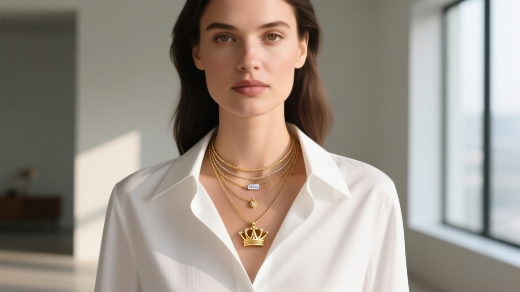 Woman wearing a layered necklace stack with a small Juicy Couture crown pendant over a crisp white collared shirt, daylight.