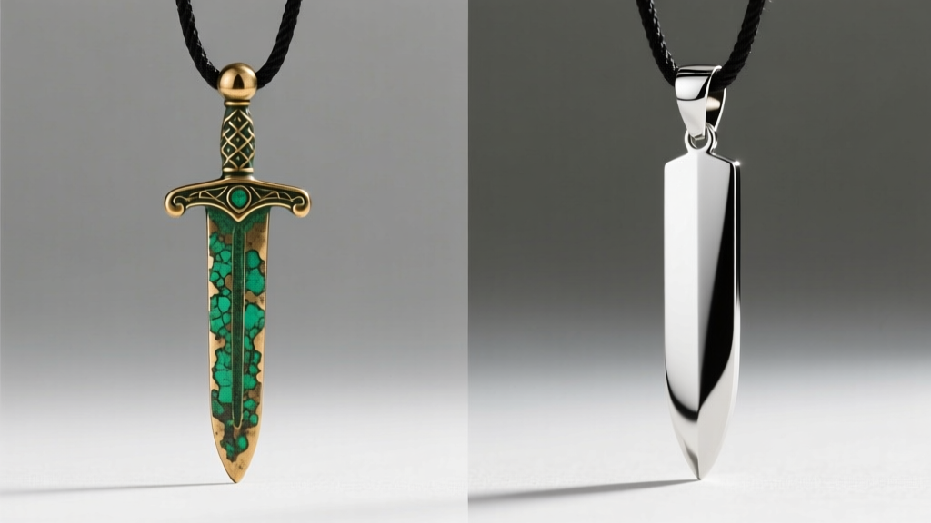 Side-by-side comparison of a brass sword pendant showing green tarnish next to a highly polished 316L surgical steel version