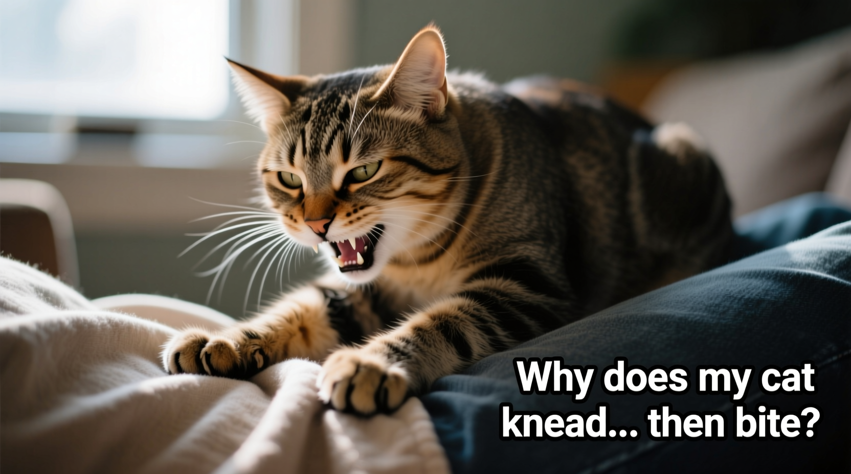 why does my cat knead my lap but then bite unexpected triggers