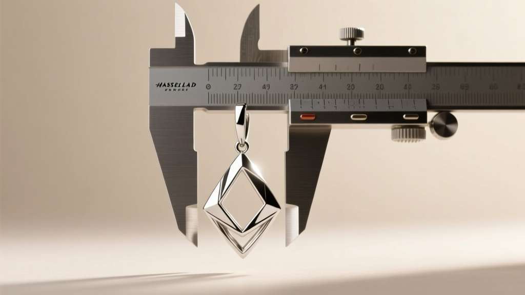 Silver dangle earring hanging from a caliper to show exact center of gravity alignment against a soft, neutral studio background