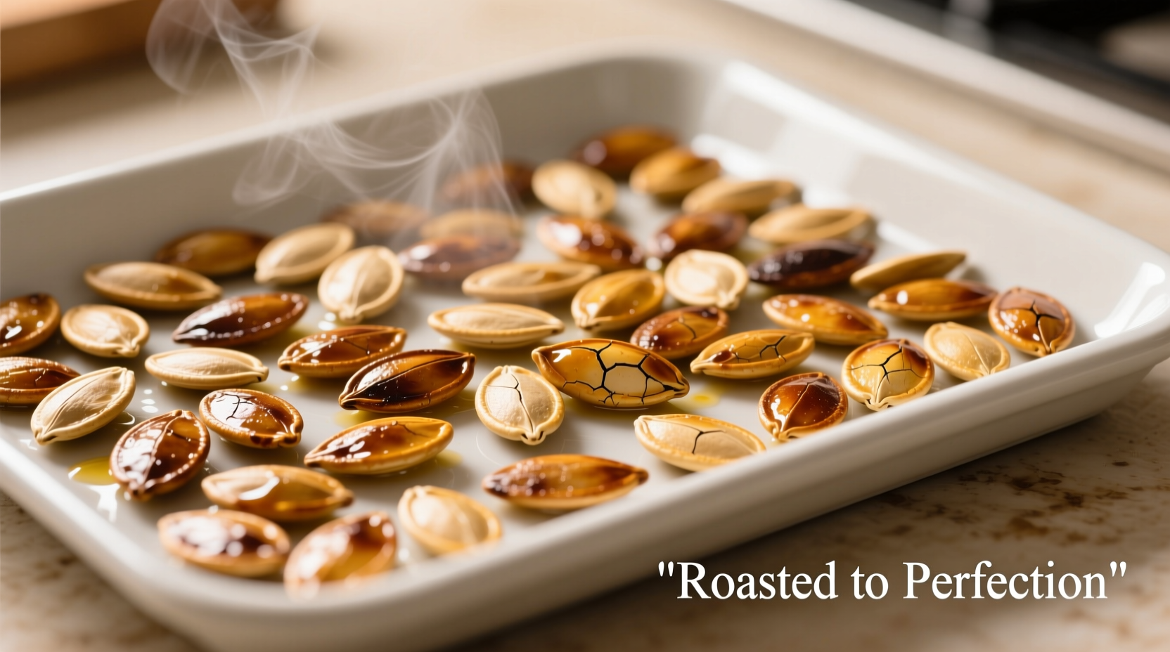 Perfectly roasted pumpkin seeds on baking sheet