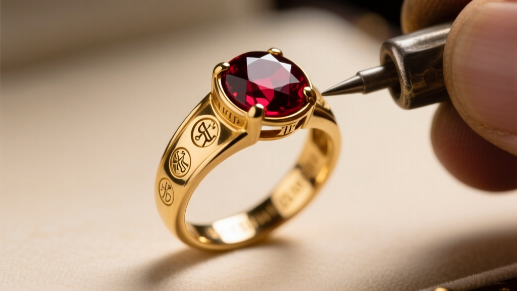 Jeweler testing a Victorian 15k gold foil-backed garnet ring, with tiny hallmark stamps clearly visible on the inner band.