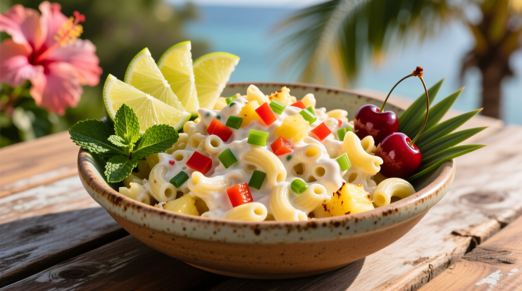 Hawaiian potato mac salad in serving bowl with tropical garnish