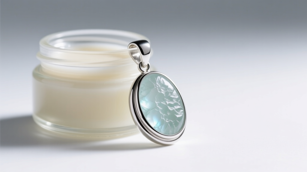Small jar of micro-crystalline wax next to a finished Argentium silver and frosted sea glass pendant under bright studio lighting.