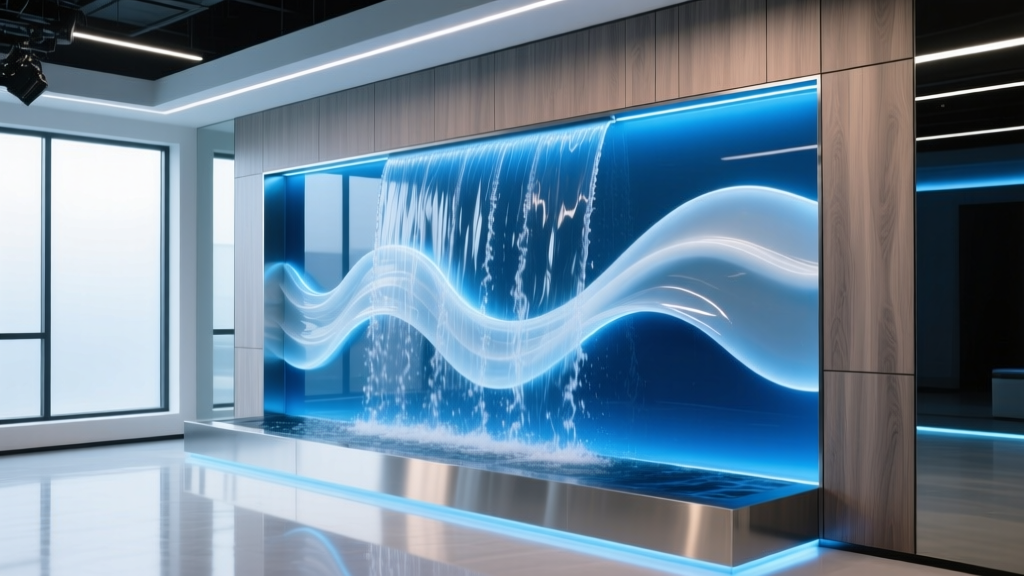 Elegant hydro-themed streaming studio with blue LED lighting, moisture-resistant wood paneling, and a custom water-feature wall built with sealed epoxy resin