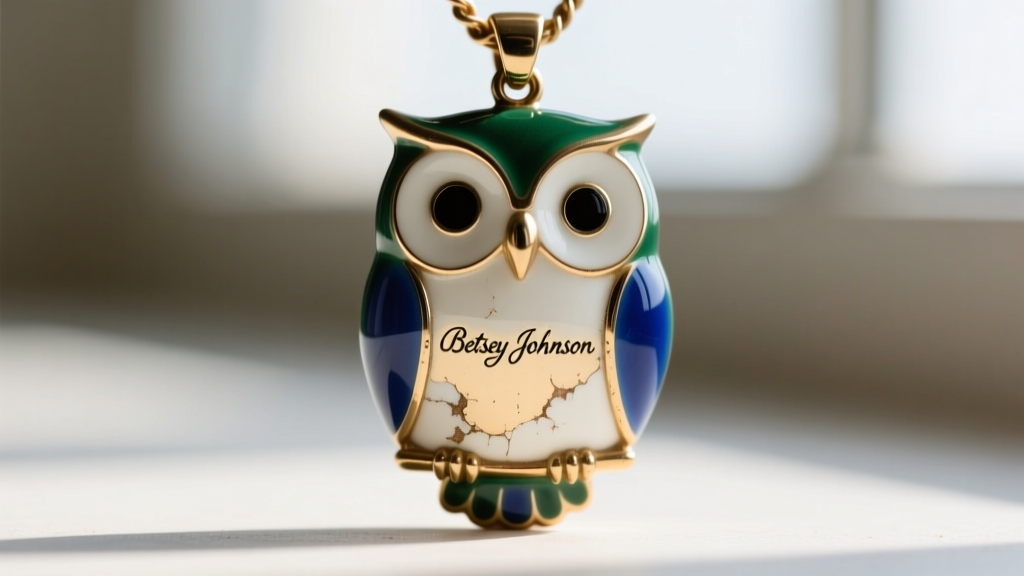 Macro shot of an enamel owl pendant back showing the engraved Betsey Johnson hallmark tag and brass base metal plating wear.