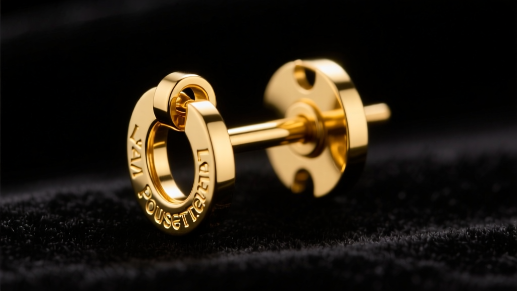 Macro photo of 14k yellow gold La Pousette locking earring back secured on a thick post, studio lighting on dark velvet background