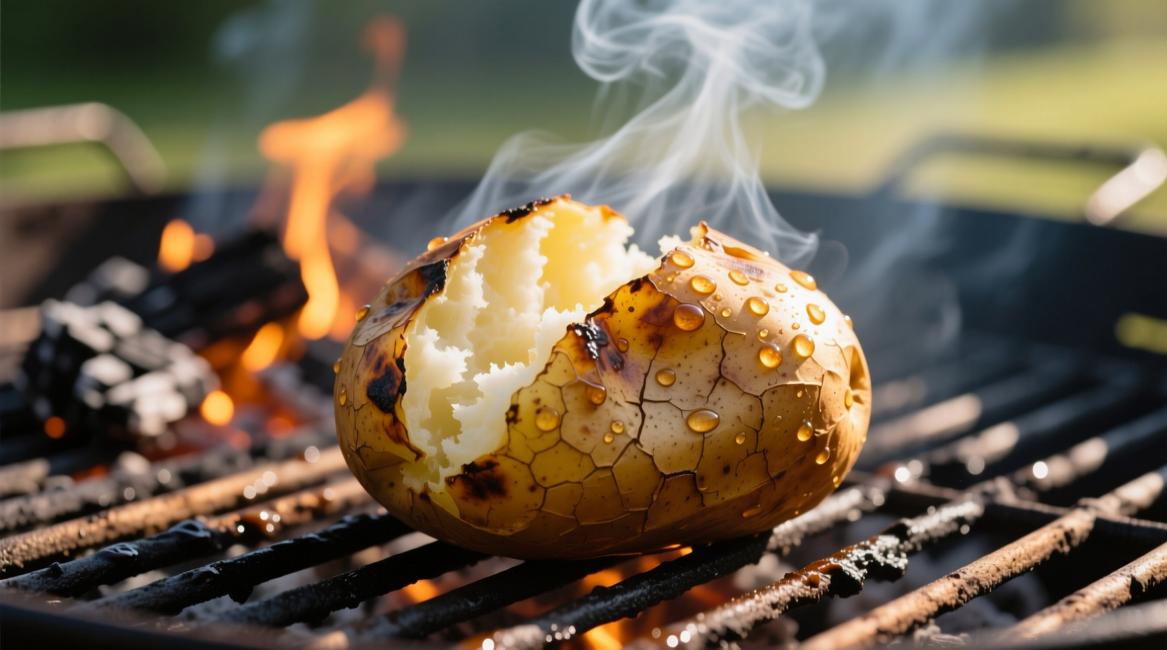 Perfectly cooked baked potato on BBQ grill