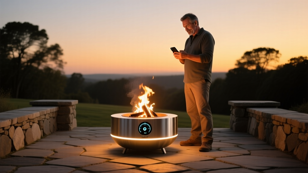A glowing BioLite FirePit+ on a stone patio at dusk, with a dad using a smartphone app to adjust the flame height and fan speed.
