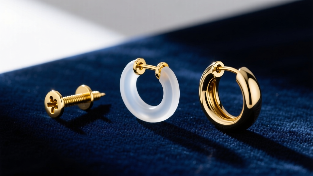 Flat lay of three earring locks including a gold screw back, silicone O-ring, and hinged leverback hoop on dark velvet.