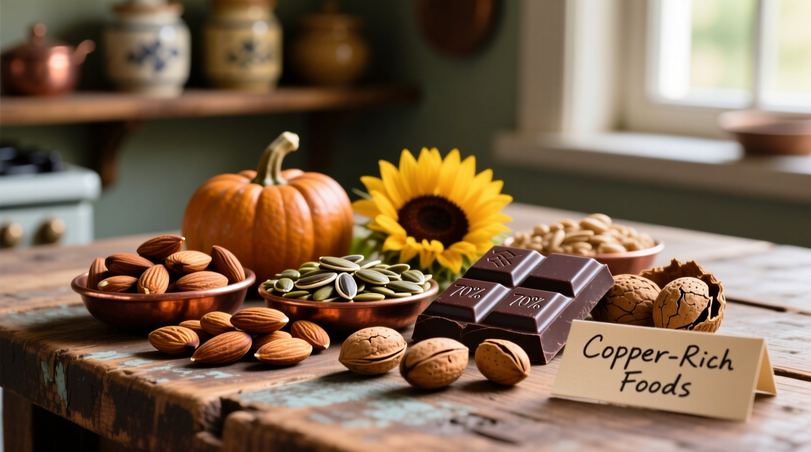 Copper-rich foods including nuts, seeds, and dark chocolate