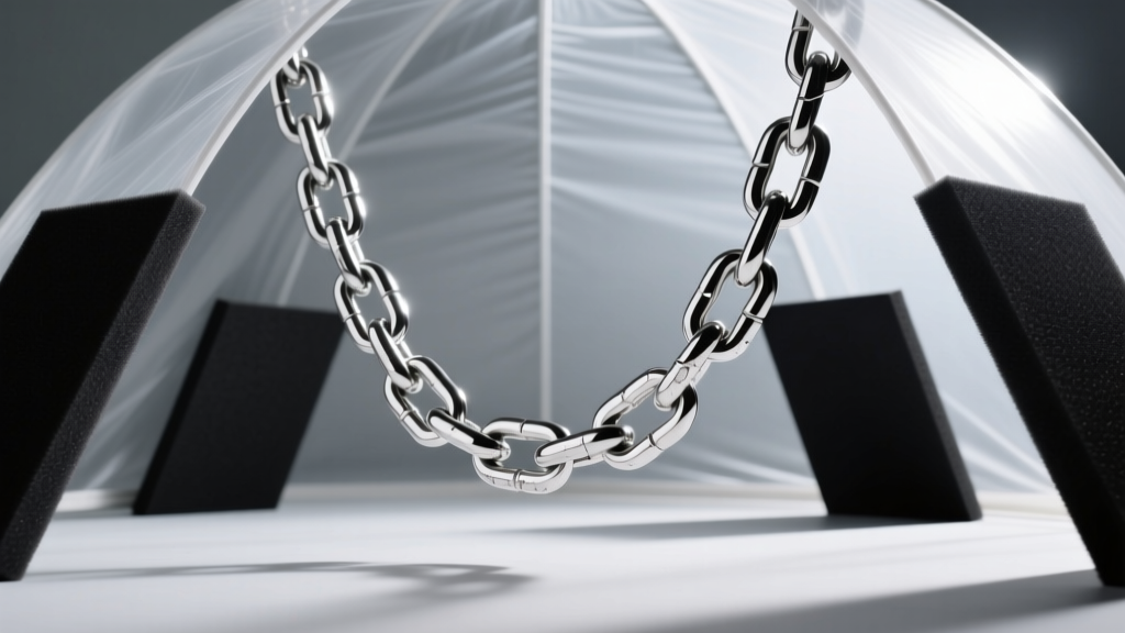 Silver chain inside a diffusion tent, using black foam cards to create dark reflection lines on the polished metal links