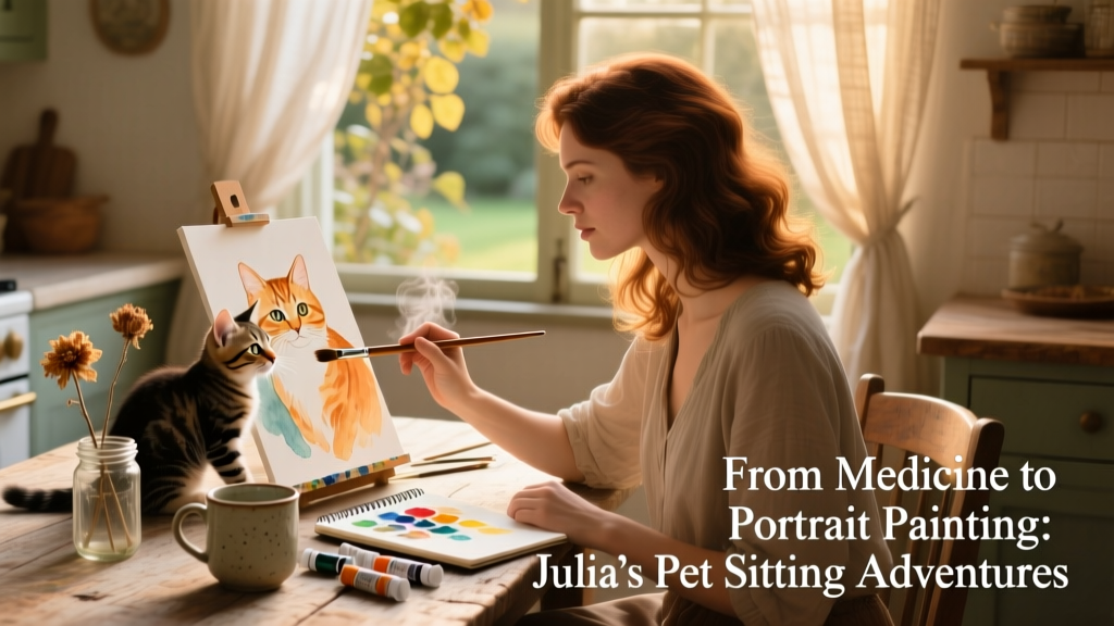 Julia painting at a cozy kitchen table while a curious kitten bats at her watercolor brush