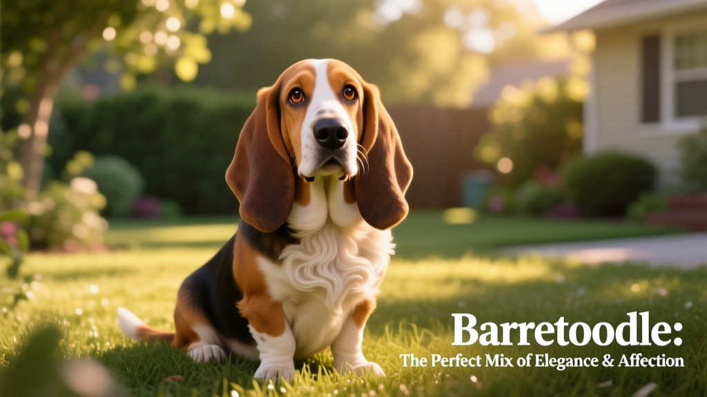 A friendly, medium-sized Bassetoodle sitting on grass, showing its expressive eyes and soft, wavy coat