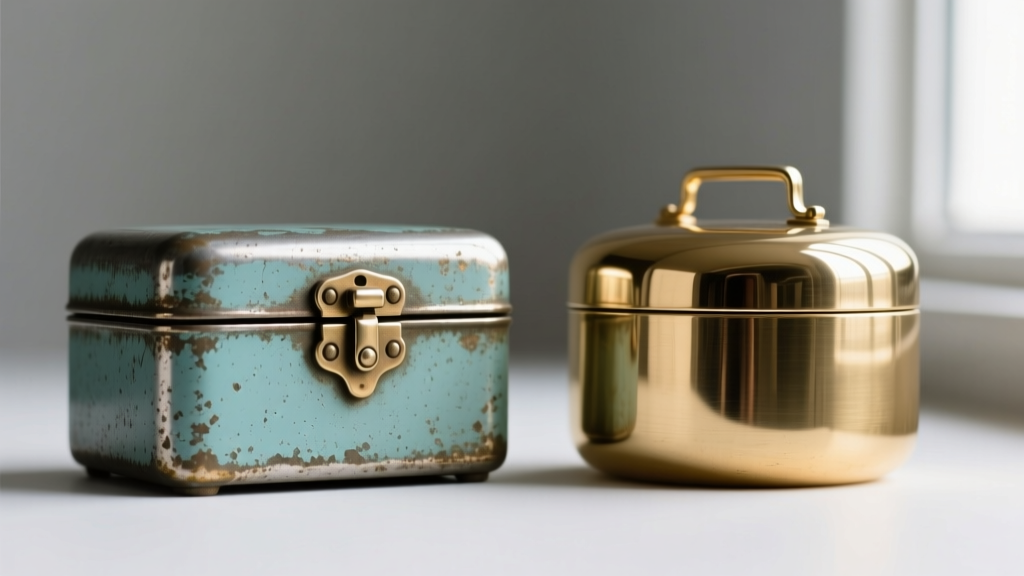 Macro shot of vintage 1960s pot metal jewelry box hinges showing slight oxidation next to a pristine modern brass reproduction.