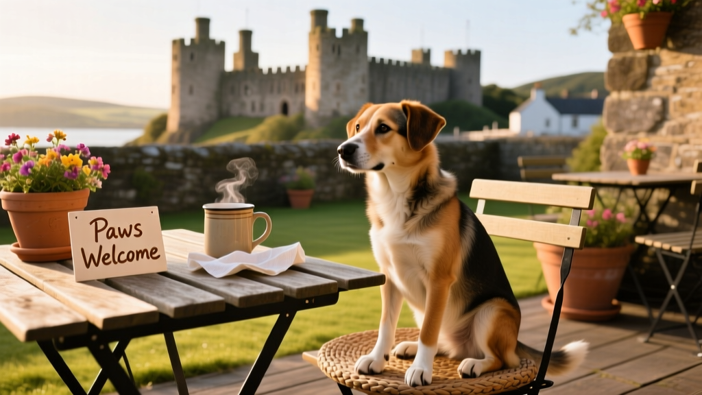 A dog sitting calmly beside a table at an outdoor restaurant terrace overlooking Conwy Castle and town walls