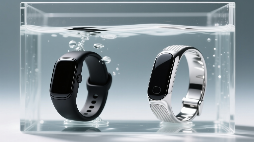 Side-by-side comparison of a matte black smart ring and a silver fitness band submerged in a clear water tank for hydrostatic pressure testing