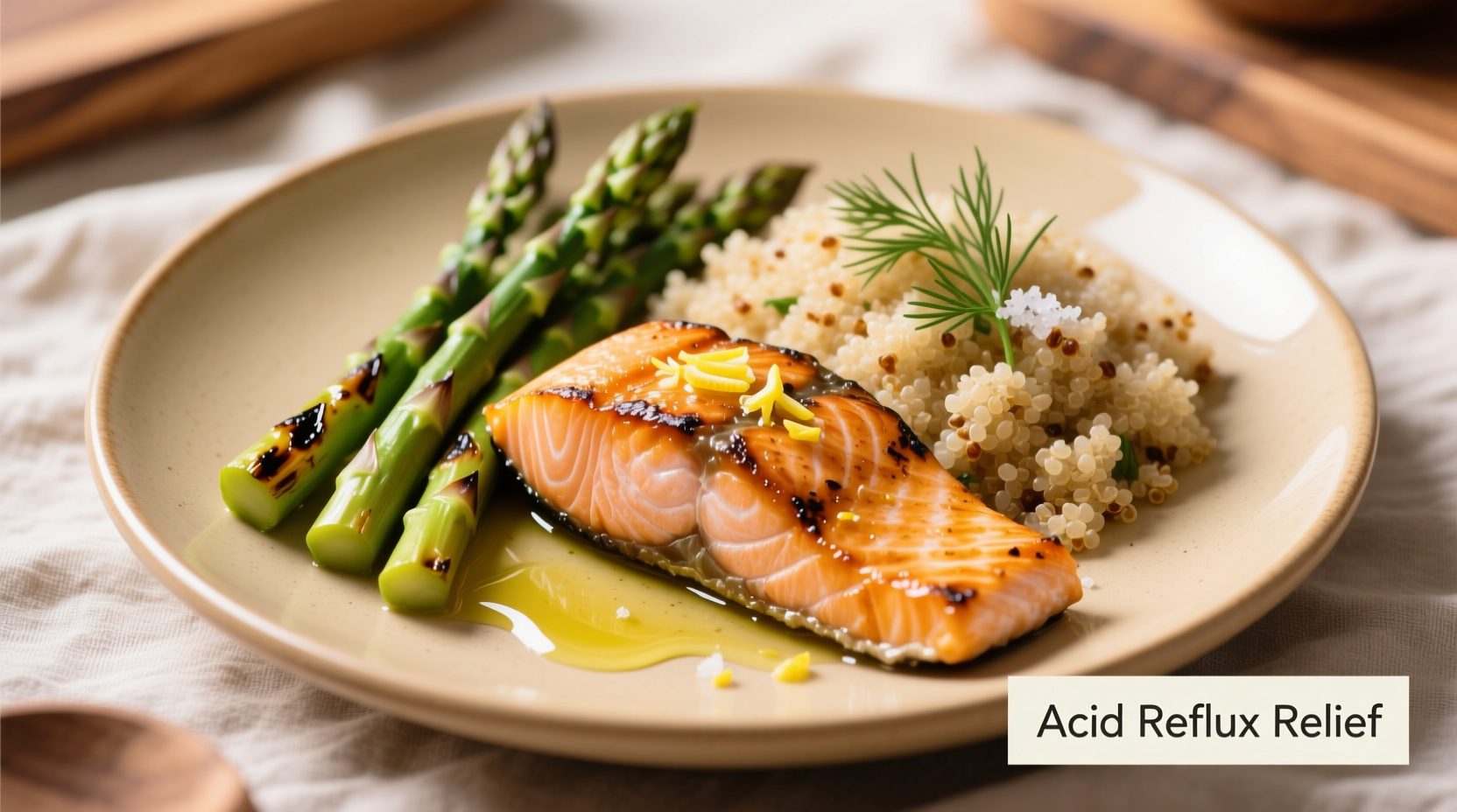 Grilled salmon with asparagus and quinoa for acid reflux relief