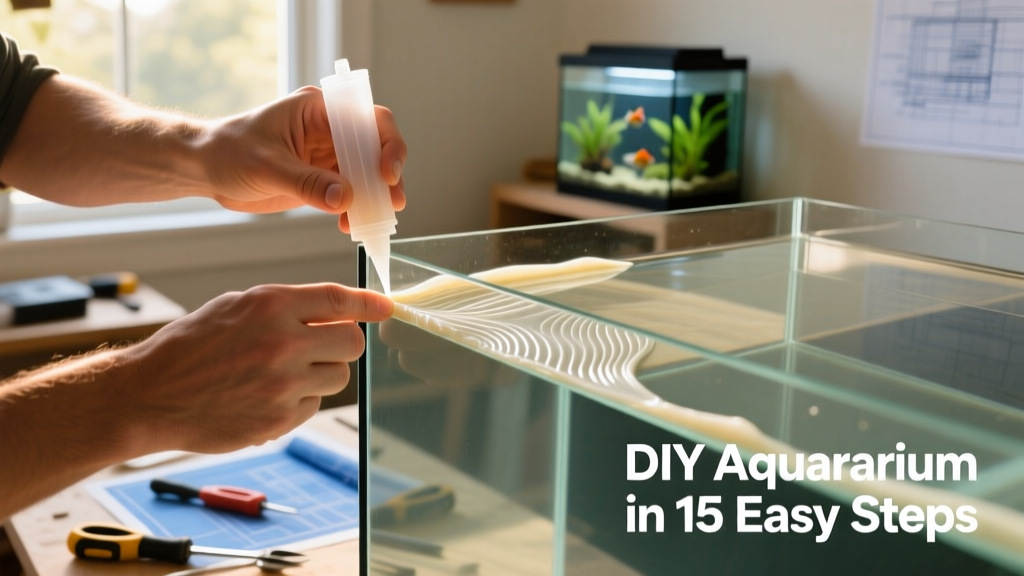Hands applying silicone sealant along the edge of glass aquarium panels