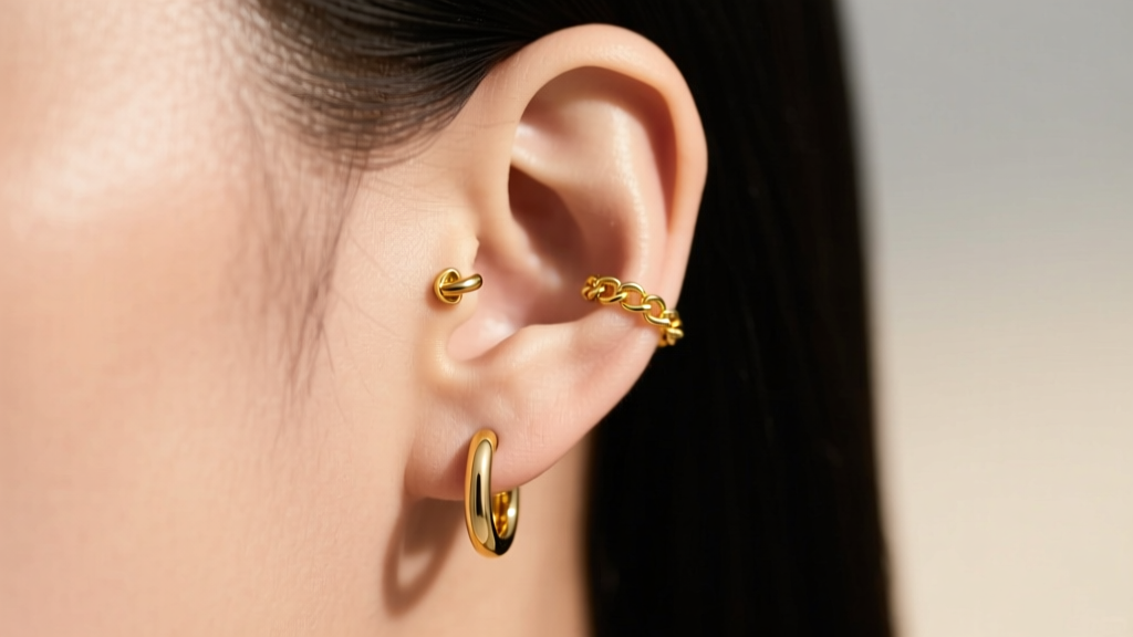 Side profile of a styled ear curation showing a double lobe piercing connected by a delicate 14k yellow gold chain earring.